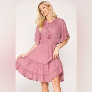 Gigio | Apple Blossom Ruffle Tiered Dress New Large Dusty Rose Bohemian Spring